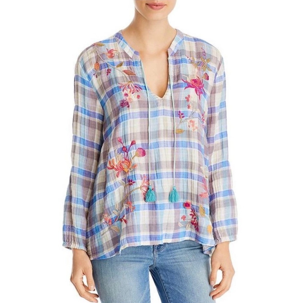 Johnny Was Viviana Top Women M Blue Plaid Floral Embroidered Tassel Boho Blouse